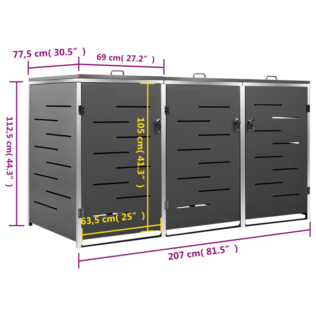 Triple Wheelie Bin Shed 81.5x30.5x44.3 Stainless Steel