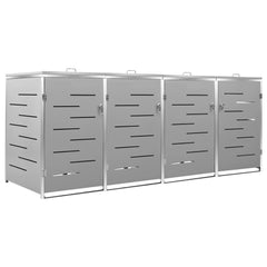 Gray stainless steel quadruple wheelie bin shed with four louvered doors and sloped roof.