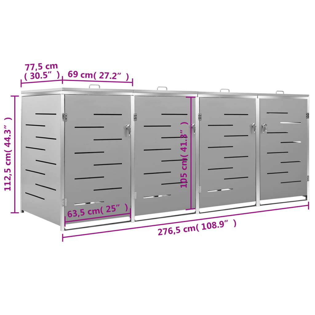 Quadruple wheelie bin shed in stainless steel gray, measuring 108.9x30.5x44.3 inches, with dimensions labeled.