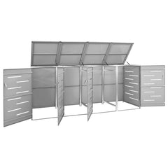 Gray stainless steel quadruple wheelie bin shed with open lids and doors, measuring 108.9x30.5x44.3 inches.