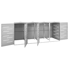 Stainless steel gray quadruple wheelie bin shed with open doors, 108.9x30.5x44.3 inches.