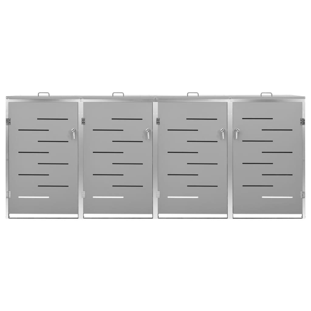 Gray stainless steel quadruple wheelie bin shed with four louvered doors and sloped roof.