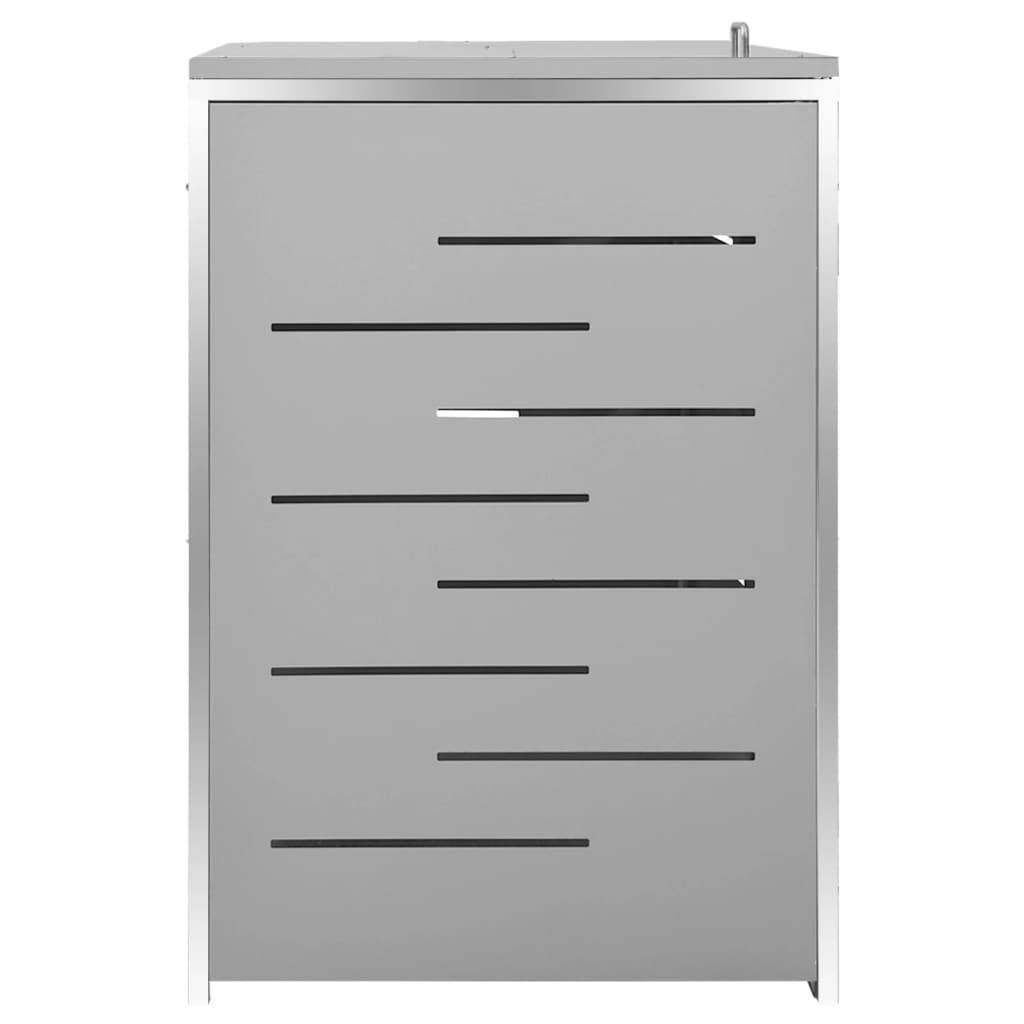 Gray stainless steel quadruple wheelie bin shed with doors and vents, 108.9x30.5x44.3 inches.