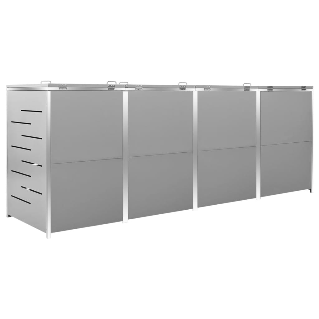 Gray stainless steel quadruple wheelie bin shed with four compartments, measuring 108.9x30.5x44.3 inches.