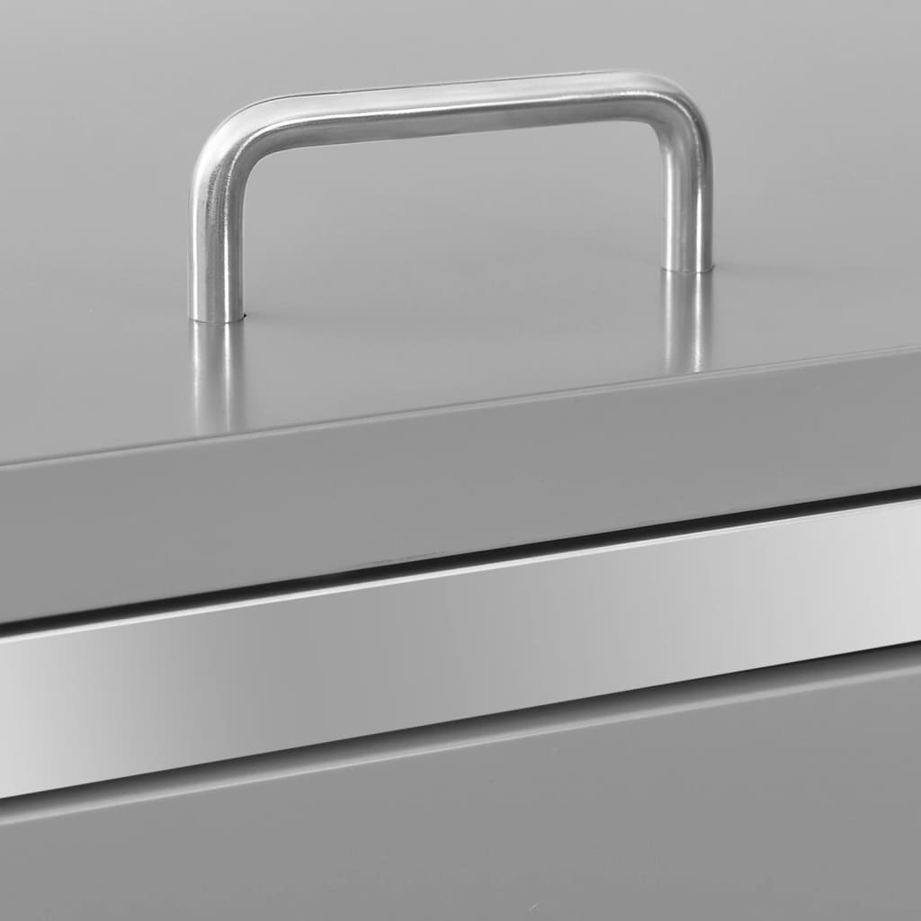Gray stainless steel quadruple wheelie bin shed with handle, 108.9x30.5x44.3 inches.