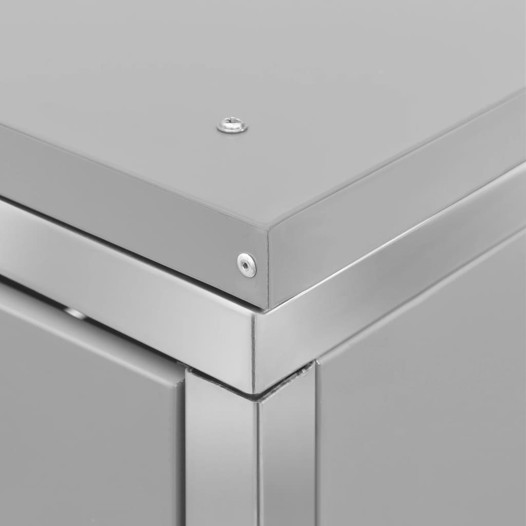 Gray stainless steel quadruple wheelie bin shed with corner detail.