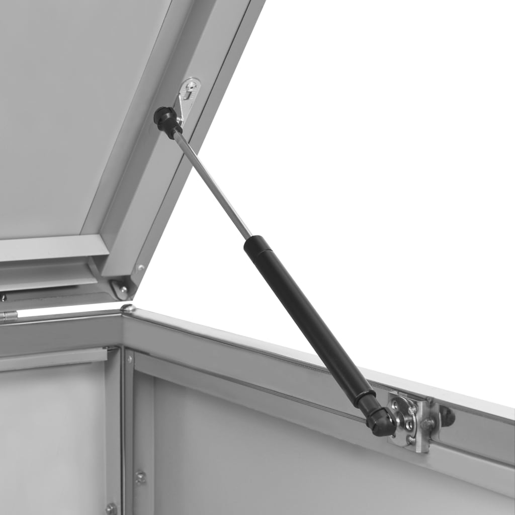 Gray stainless steel quadruple wheelie bin shed with open lid and gas spring.