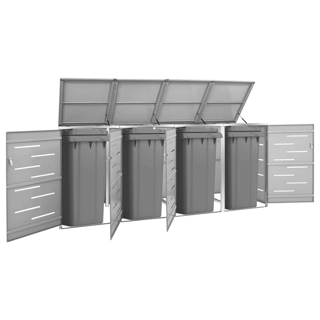 Gray stainless steel quadruple wheelie bin shed with open lids and doors, measuring 108.9x30.5x44.3 inches.