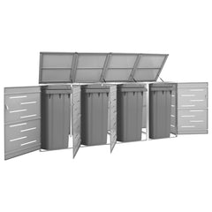 Gray stainless steel quadruple wheelie bin shed with open lids and doors, measuring 108.9x30.5x44.3 inches.