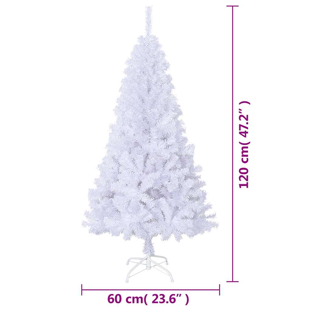 4 ft white artificial Christmas tree with thick PVC branches and sturdy steel stand.