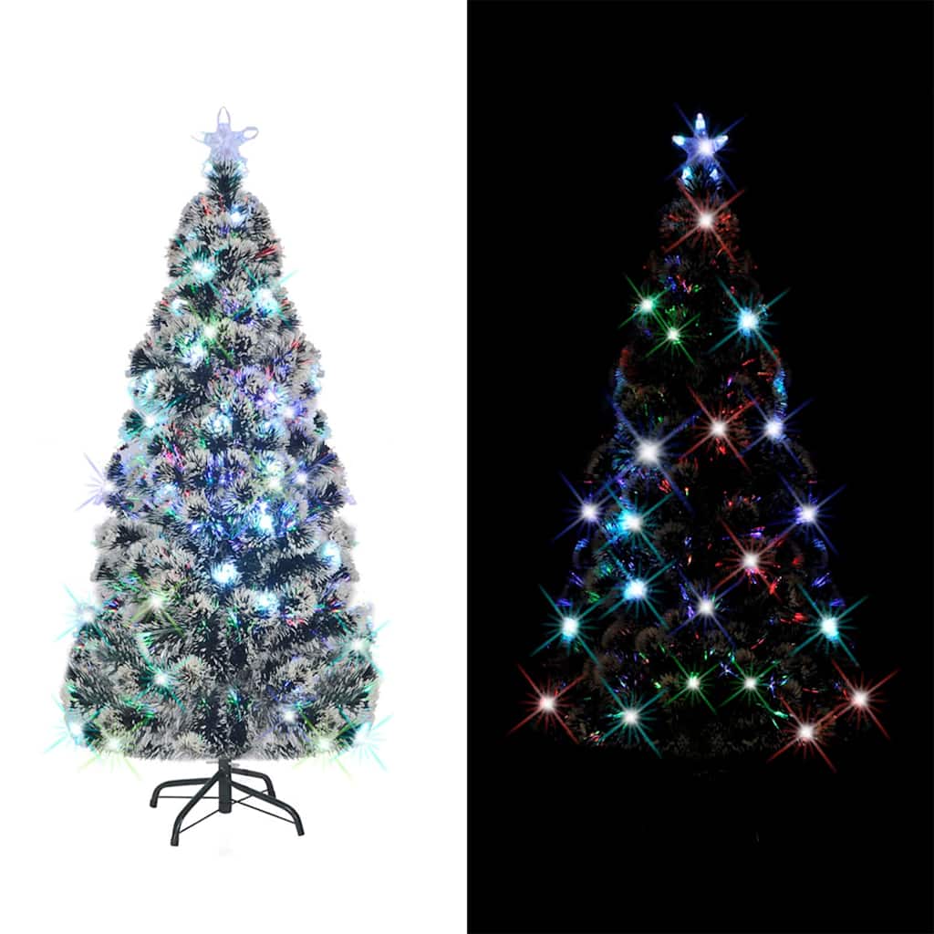 5 ft pre-lit fiber optic Christmas tree in green and white with multicolored lights.