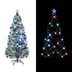 5 ft pre-lit fiber optic Christmas tree in green and white with multicolored lights.
