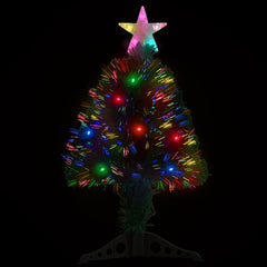 A 2-foot pre-lit fiber optic Christmas tree with multicolored lights and a black stand.