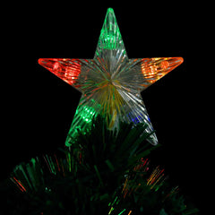 A 2 ft pre-lit fiber optic Christmas tree with green branches, colorful star topper, and stand.