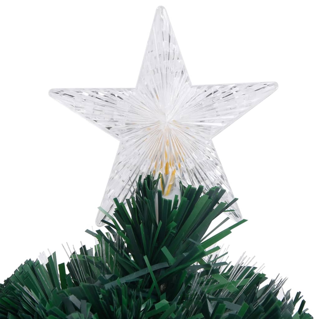 A 2 ft pre-lit fiber optic Christmas tree with green bristles, white star topper, and stand.
