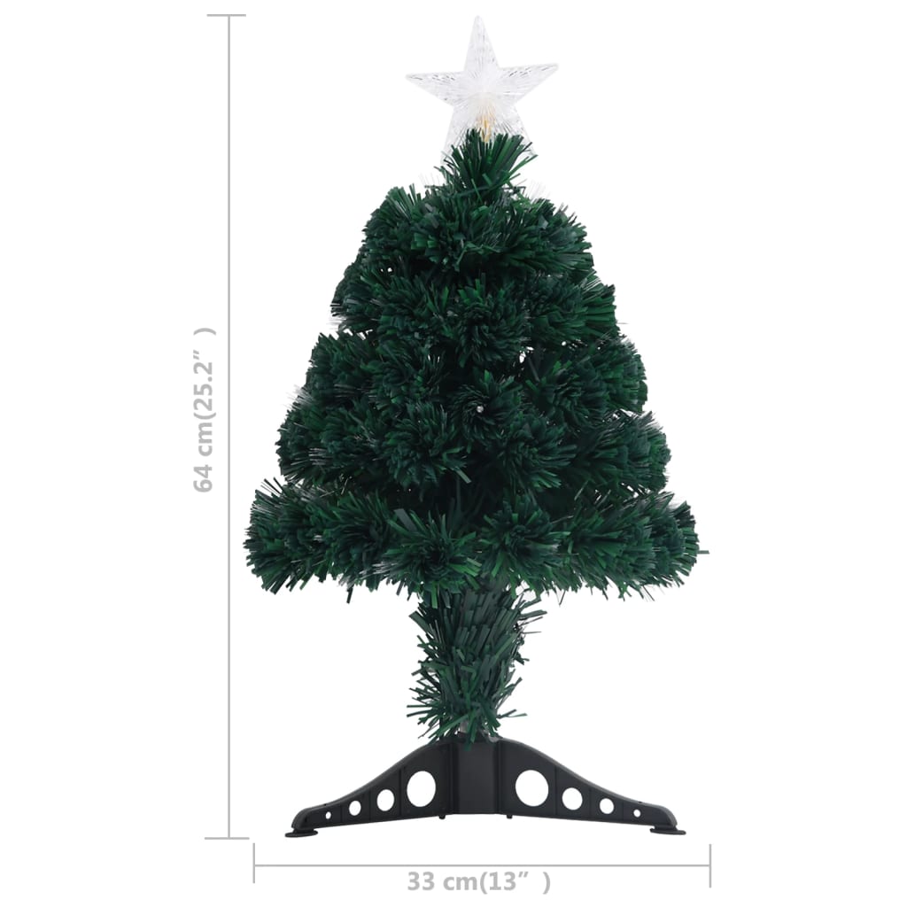 A 2 ft pre-lit fiber optic Christmas tree with a white star topper and black stand, measuring 25 inches tall.