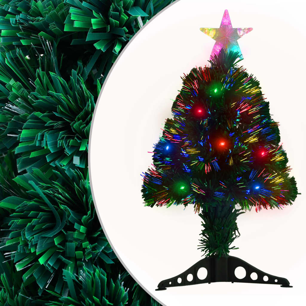 A 2-foot pre-lit fiber optic Christmas tree with colorful lights and a stand.