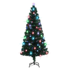 6 ft fiber optic Christmas tree with multicolor lights and metal stand, pre-lit and green branches.