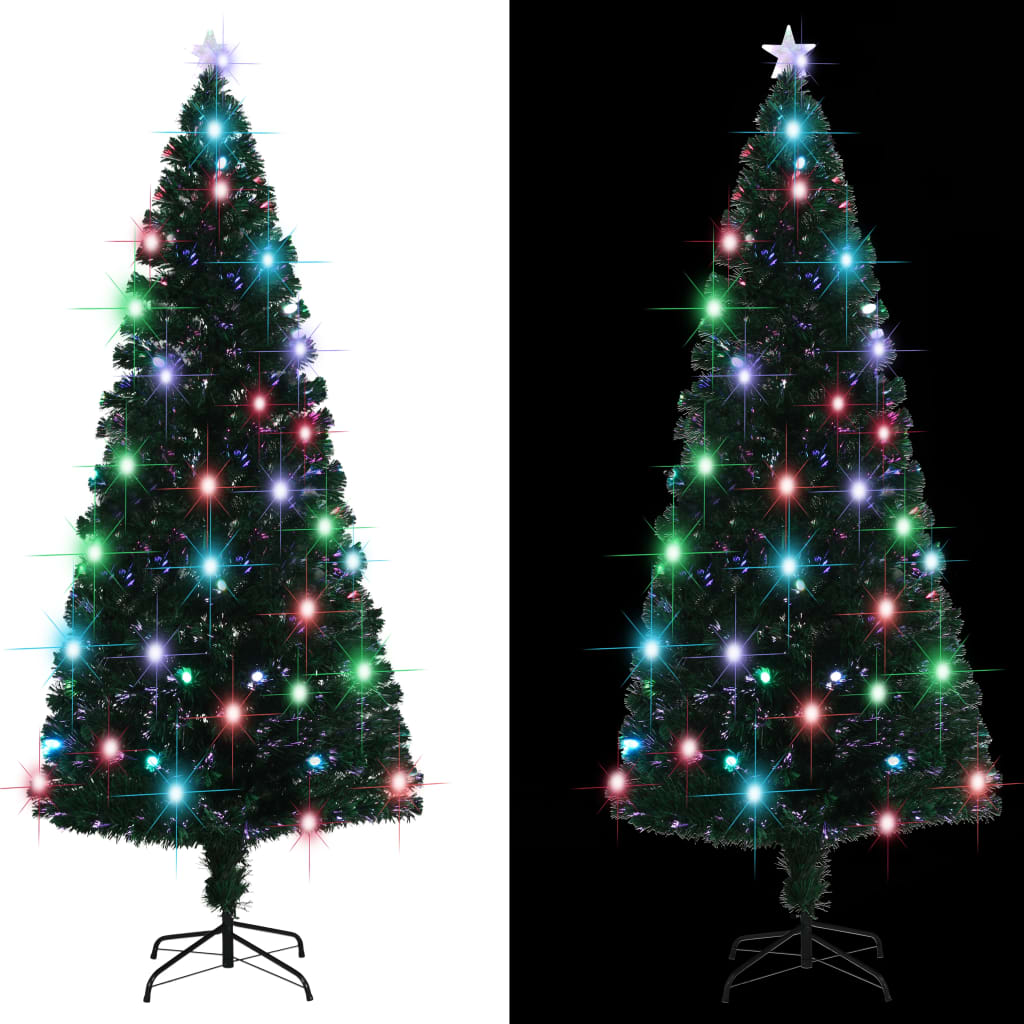 A 7 ft pre-lit fiber optic Christmas tree with color-changing LED lights and stand on white and black backgrounds.