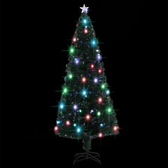 A 7 ft pre-lit fiber optic Christmas tree with a stand, illuminated with colorful lights.