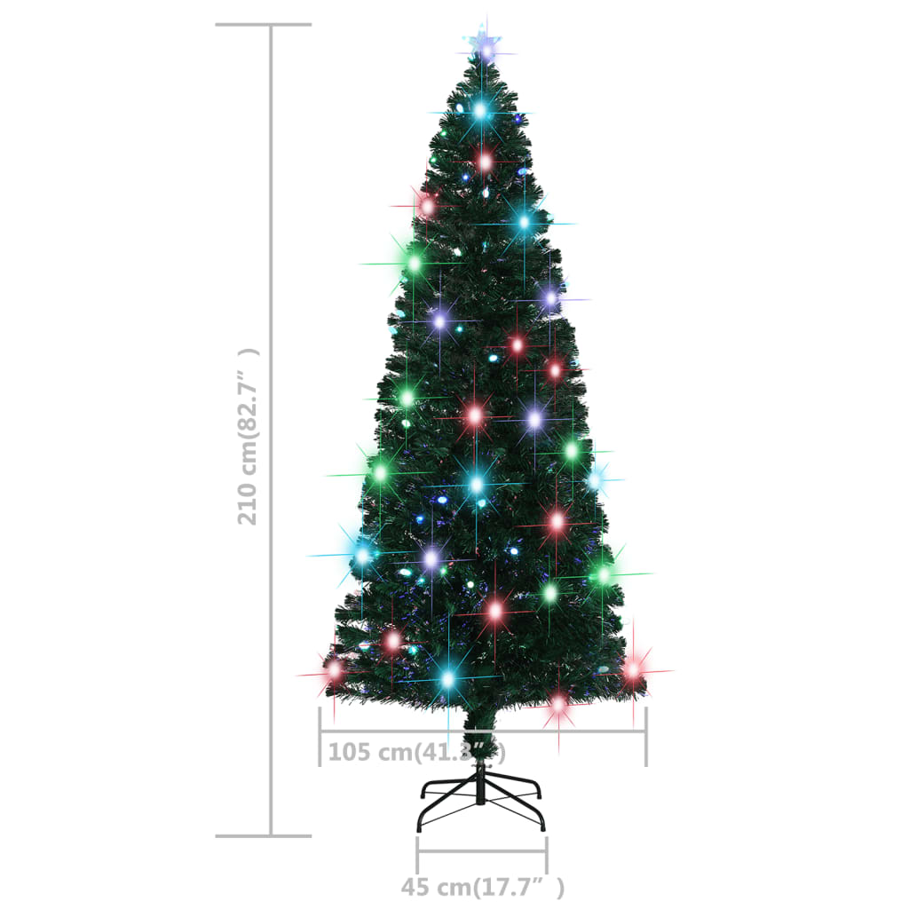 A 7 ft pre-lit fiber optic Christmas tree with color-changing LED lights and a stand, measuring 105 cm tall and 45 cm wide.