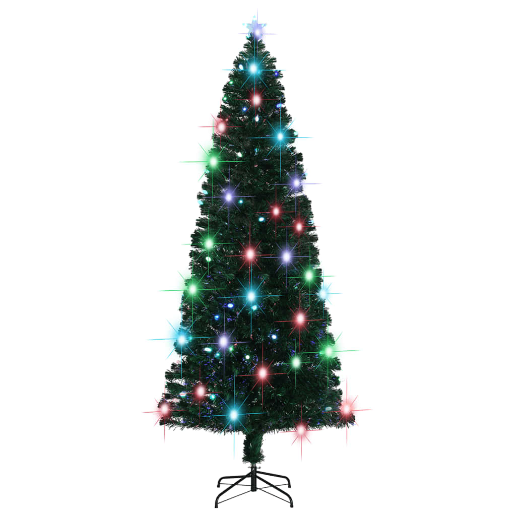 An 8-foot green artificial Christmas tree with pre-lit fiber optic lights and multicolored LEDs.