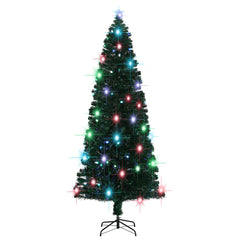 An 8-foot green artificial Christmas tree with pre-lit fiber optic lights and multicolored LEDs.