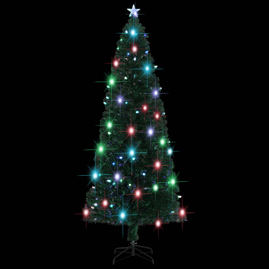 An 8-foot green artificial Christmas tree with pre-lit fiber optic lights and color-changing LEDs.