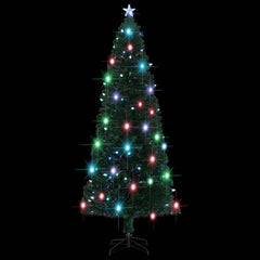 An 8-foot green artificial Christmas tree with pre-lit fiber optic lights and color-changing LEDs.