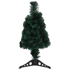 A 2ft slim artificial Christmas tree with green PVC branches and fiber optic lights in 5 colors on a black stand.