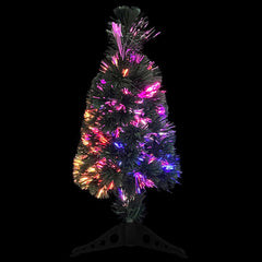 A 2ft slim artificial Christmas tree with fiber optic lights in 5 colors on a black stand.