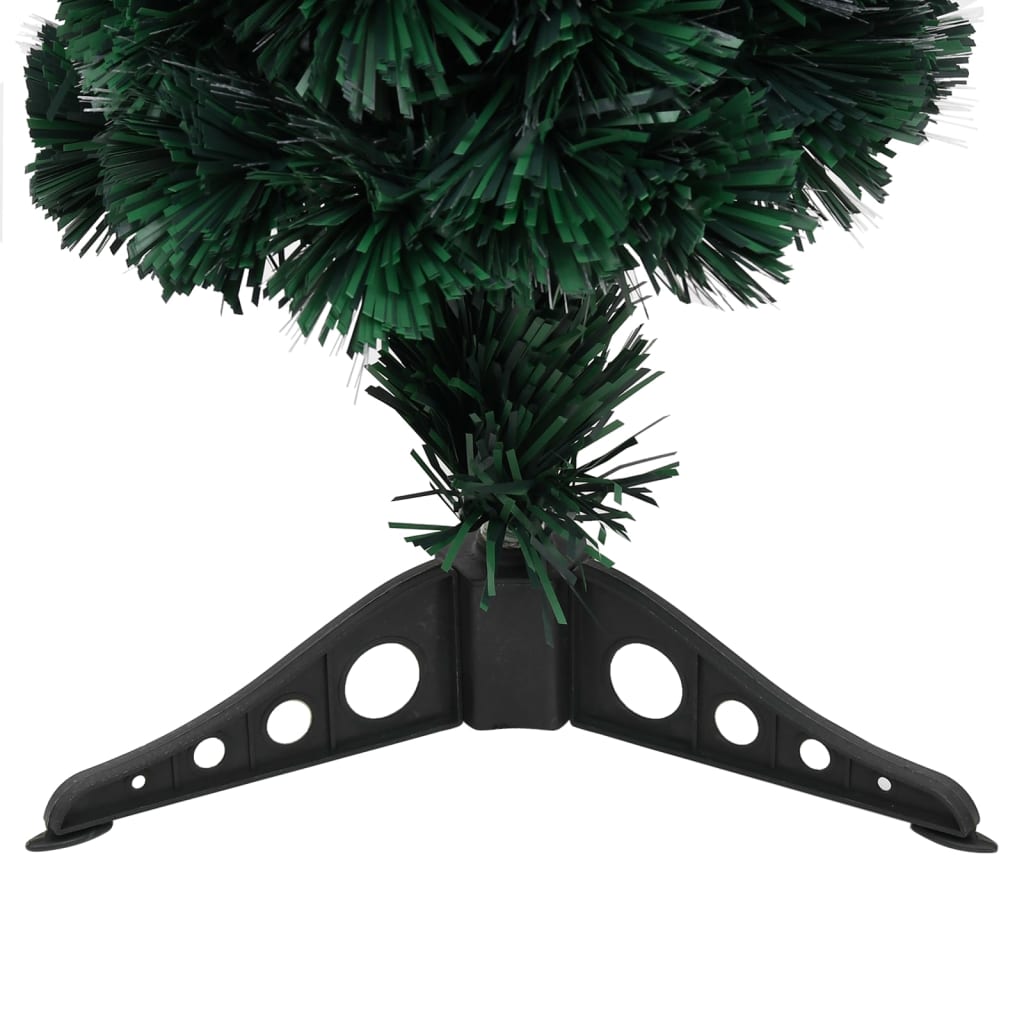 A 2ft slim artificial Christmas tree with green PVC branches, fiber optic 5-color lights, and black fold-flat stand.