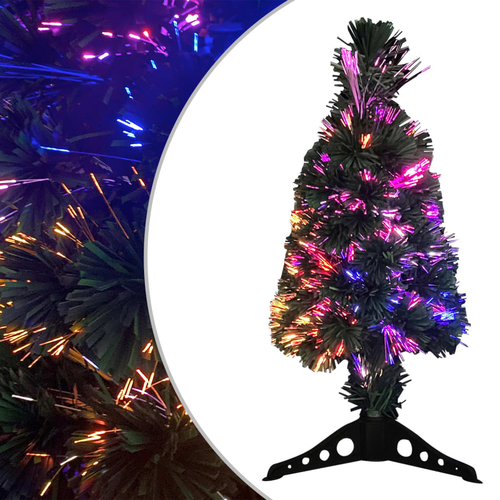 A 2ft slim artificial Christmas tree with fiber optic lights in five colors on a black stand.
