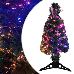 A 2ft slim artificial Christmas tree with fiber optic lights in five colors on a black stand.