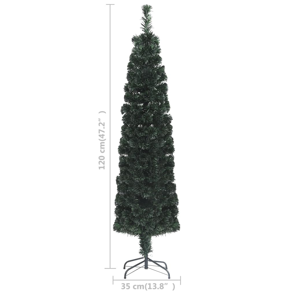 A 4 ft slim artificial fiber optic Christmas tree with stand, measuring 120 cm tall and 35 cm wide.