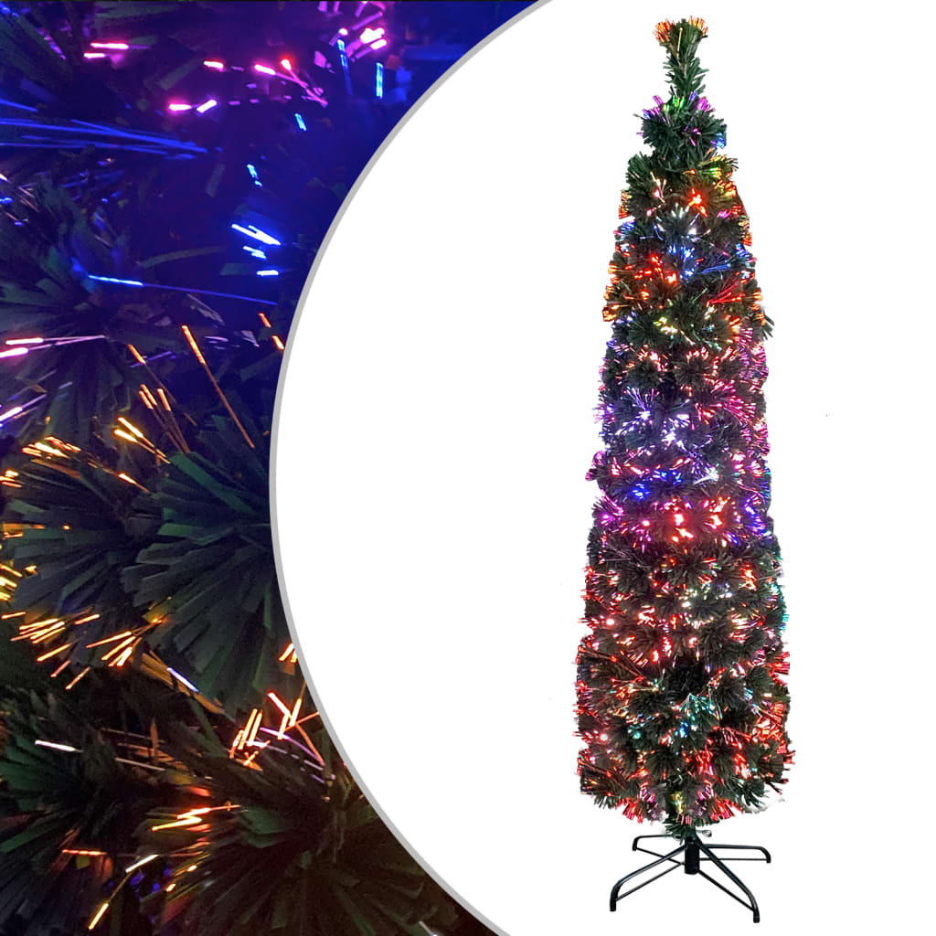 A 4 ft slim artificial fiber optic Christmas tree with multicolored lights and a black metal stand.