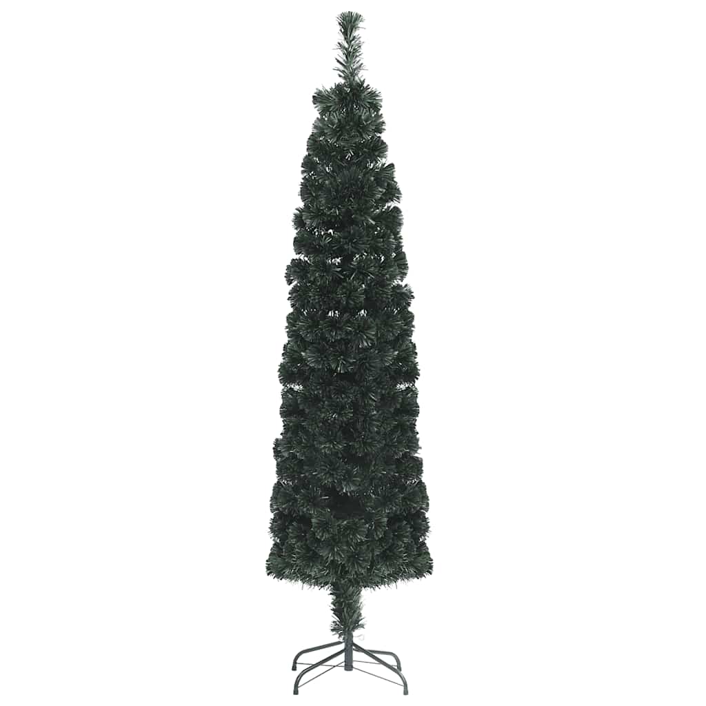 A 5 ft slim artificial fiber optic Christmas tree in black green with a metal stand.