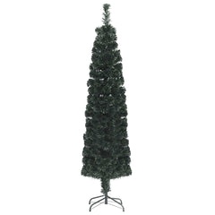 A 5 ft slim artificial fiber optic Christmas tree in black green with a metal stand.
