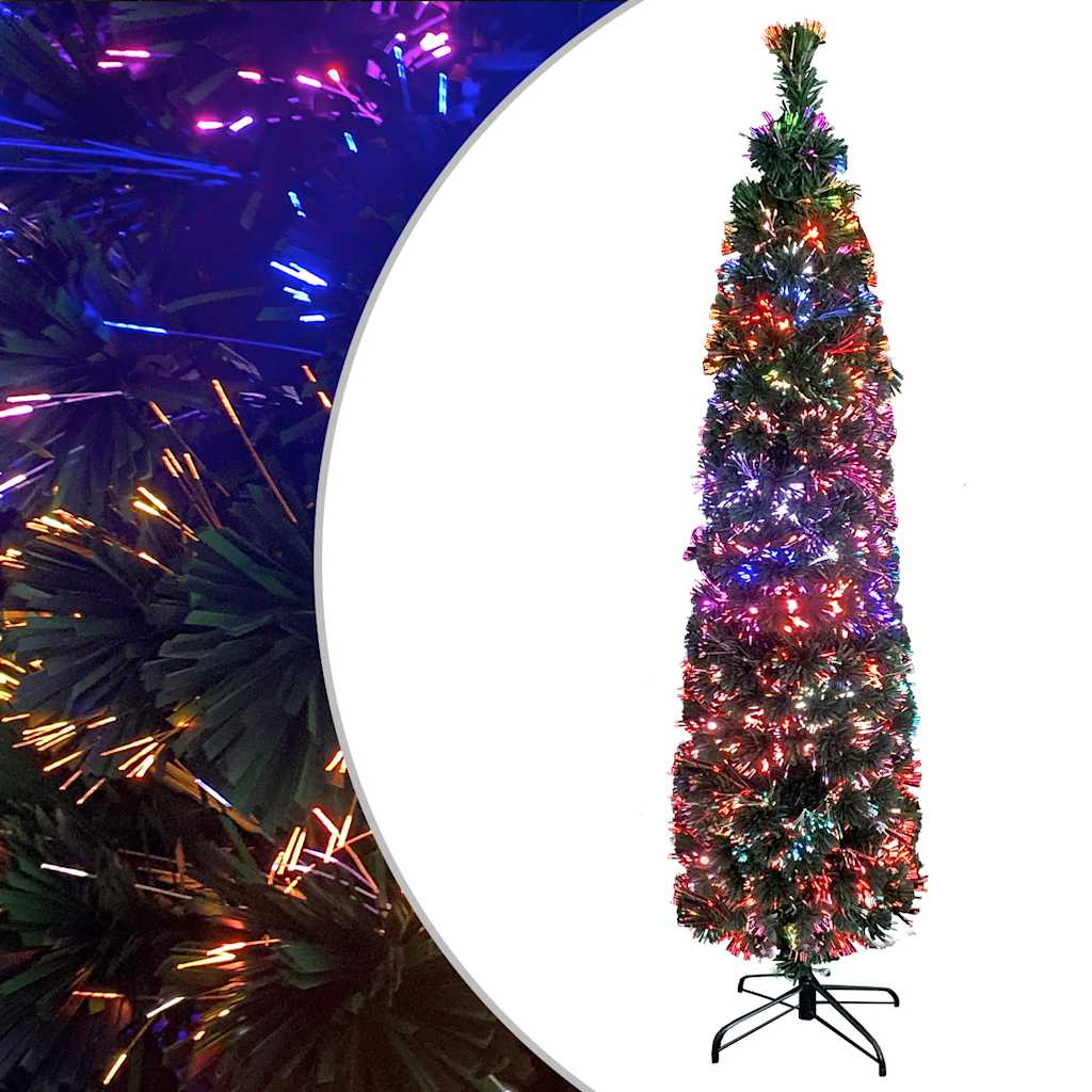 A 5 ft slim artificial fiber optic Christmas tree with black-green PVC needles and multicolored lights on a steel stand.