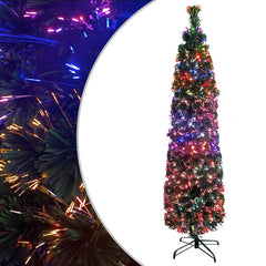 A 5 ft slim artificial fiber optic Christmas tree with black-green PVC needles and multicolored lights on a steel stand.