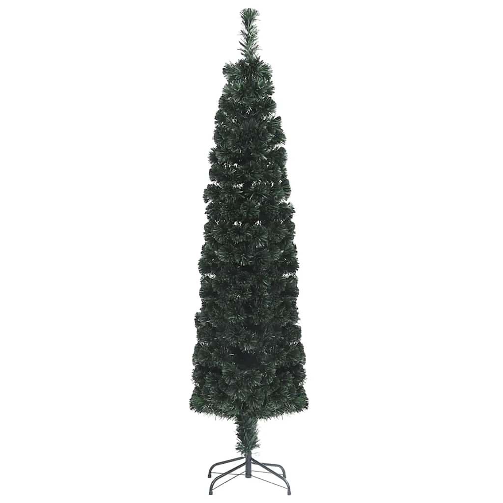 A 7 ft slim artificial fiber optic Christmas tree in black green with a metal stand.