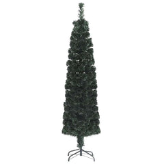 A 7 ft slim artificial fiber optic Christmas tree in black green with a metal stand.