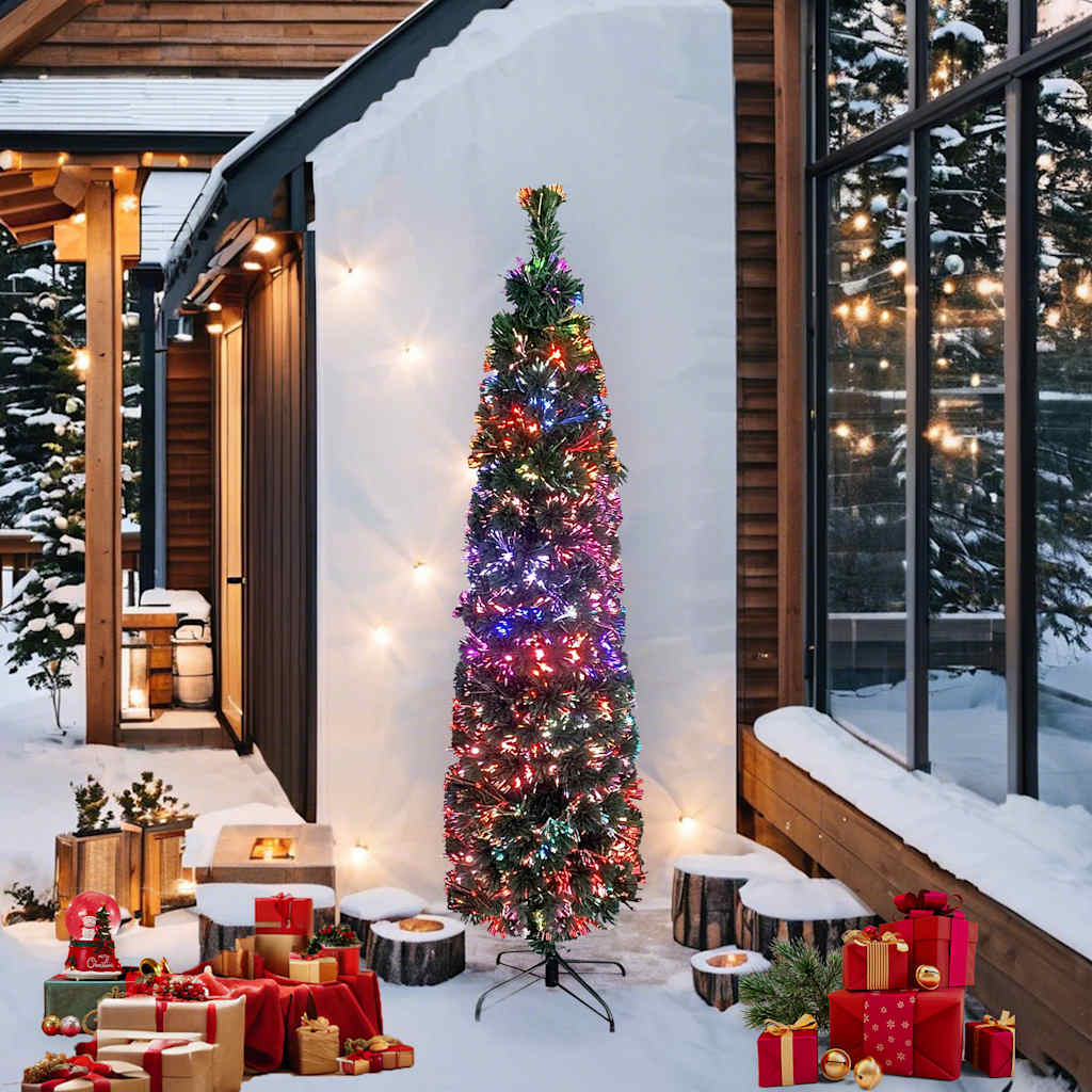 A 7-foot slim artificial fiber optic Christmas tree with black-green branches and multicolored lights.