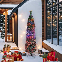 A 7-foot slim artificial fiber optic Christmas tree with black-green branches and multicolored lights.