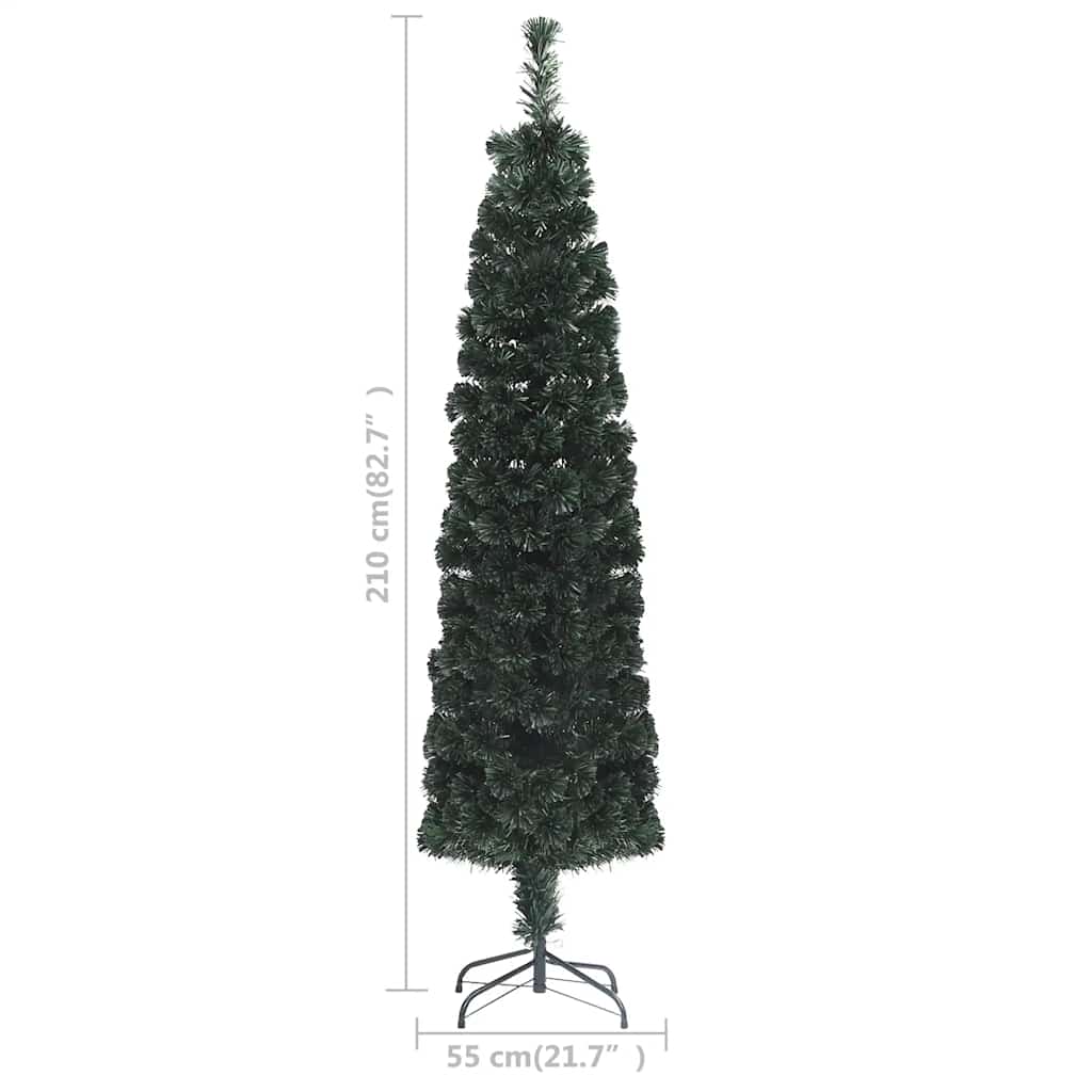 A 7 ft slim artificial fiber optic Christmas tree in black green with measurements shown.