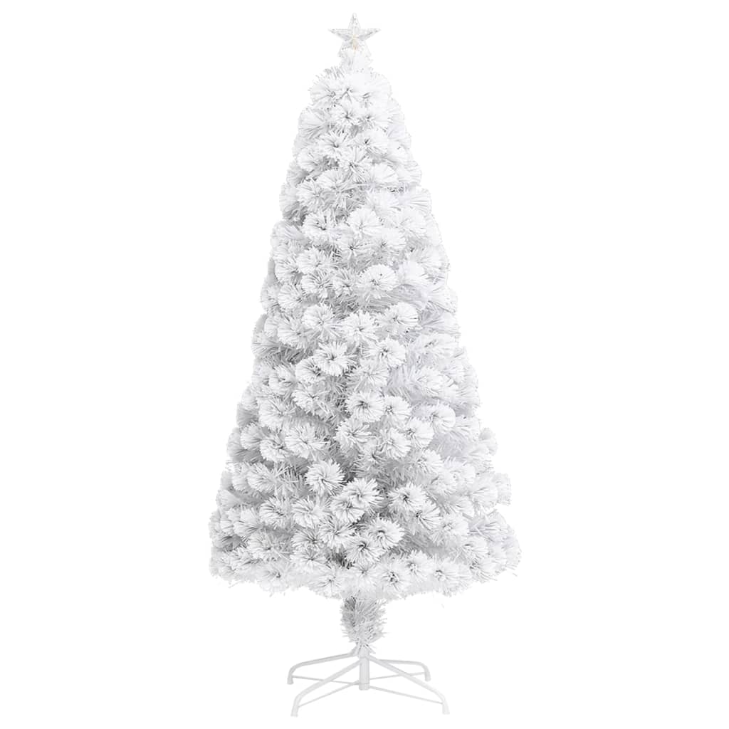 A 4 ft white artificial pre-lit fiber optic Christmas tree with a star top and sturdy stand.
