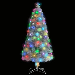 A 4 ft white artificial Christmas tree with pre-lit fiber optic strands and LED lights in multiple colors on a metal stand.