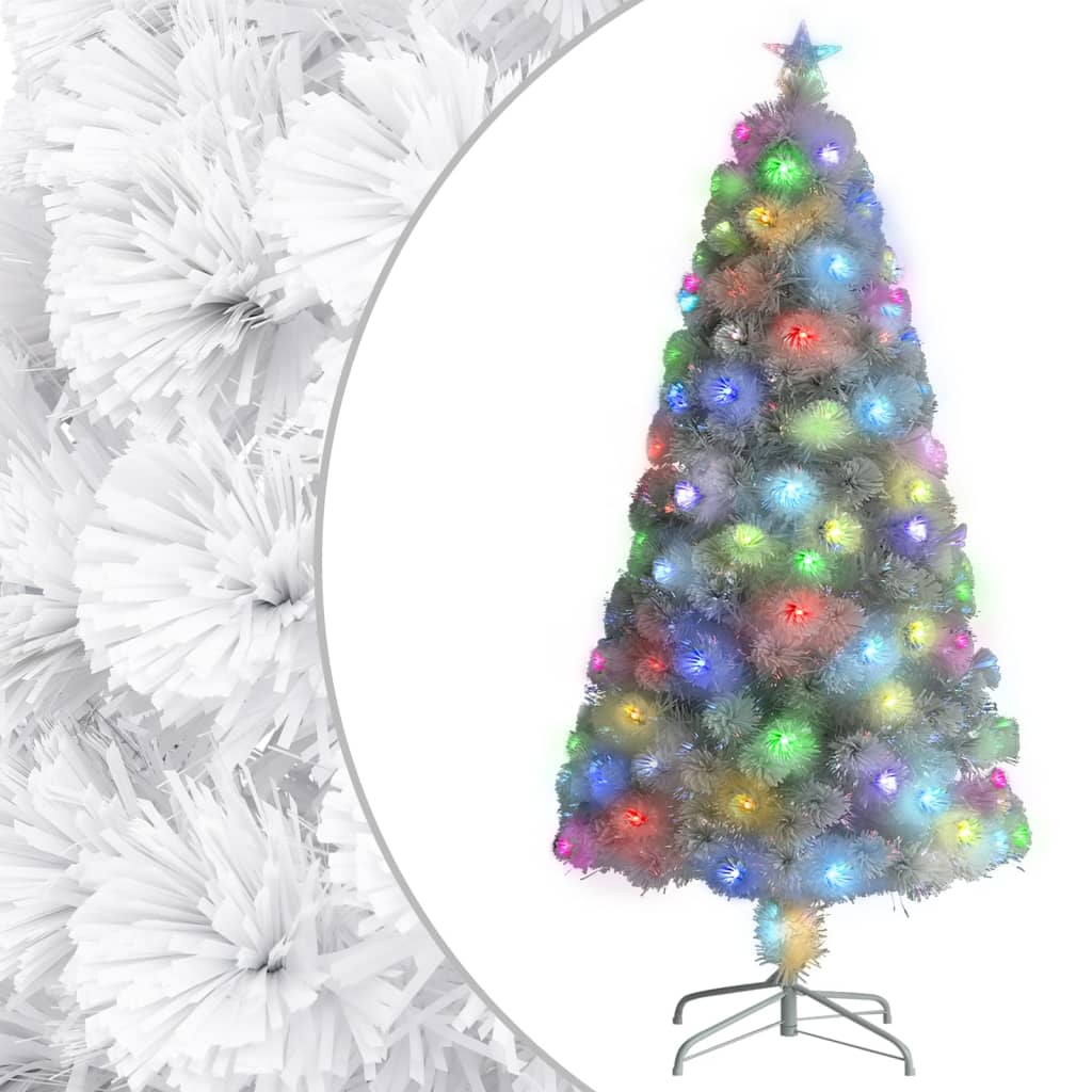 A 4 ft white artificial pre-lit fiber optic Christmas tree with colorful LED lights and a sturdy stand.