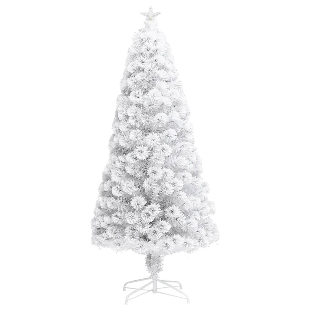 A 5 ft white pre-lit artificial Christmas tree with fiber optic LED lights and a star topper.