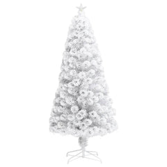 A 5 ft white pre-lit artificial Christmas tree with fiber optic LED lights and a star topper.